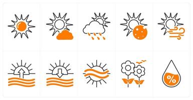 A set of 10 weather icons as sun, little cloud, cloudy and rain vector