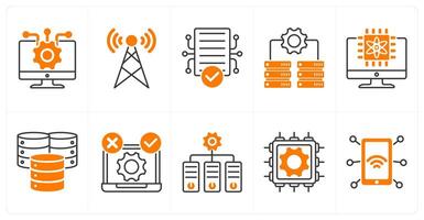 A set of 10 technology icons as information technology, signal tower, digital data vector