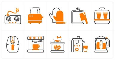 A set of 10 home appliances icons as electric stove, toaster, oven gloves vector