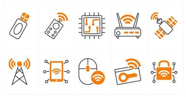 A set of 10 technology icons as pen drive, remote control, chip vector