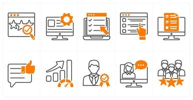A set of 10 survey icons as review verification, technical support, online survey vector
