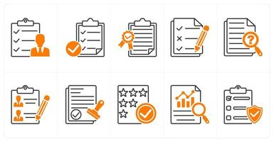 A set of 10 survey icons as survey, verified assessment, quality certificate vector