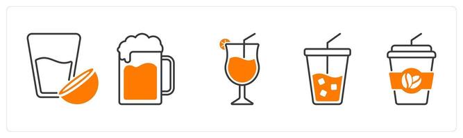 A set of 5 food and drink icons as coconut milk, beer, mocktail vector
