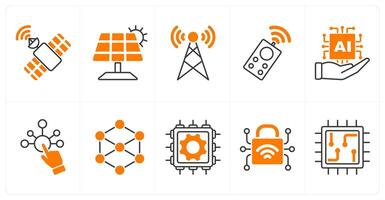 A set of 10 technology icons as satellite, solar panel, signal tower vector
