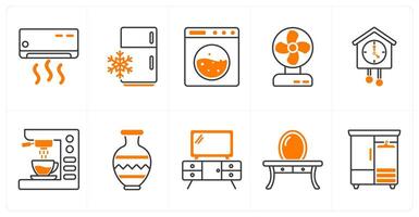 A set of 10 furniture icons as air conditioner, refrigerator, washing machine vector