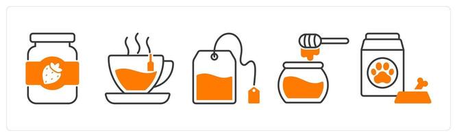 A set of 5 food and drink icons as jam, tea, tea bag vector