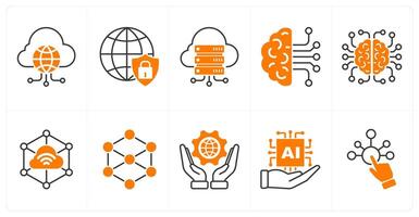 A set of 10 technology icons as cloud network, network security, cloud storage vector