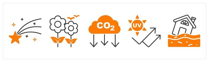 A set of 5 Weather icons as shooting star, spring, co2 vector
