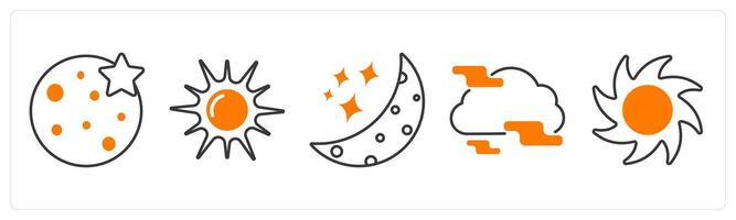 A set of 5 Weather icons as full moon, sun, starry night vector