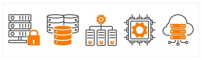A set of 5 Technology icons as secure server, data center, hypervisor vector