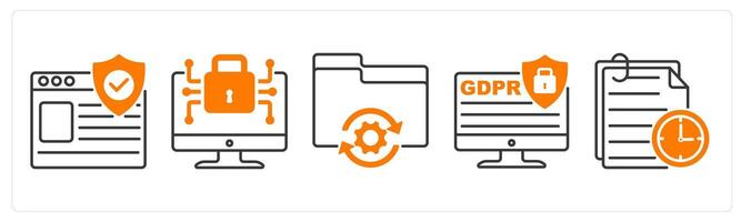 A set of 5 GDPR icons as protected website, data encryption, data processing vector