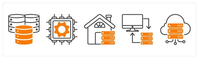 A set of 5 Technology icons as data center, hardware, home server vector