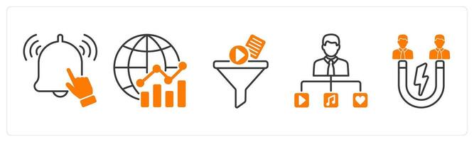 A set of 5 Influencer icons as subscribe, global marketing, content filter vector