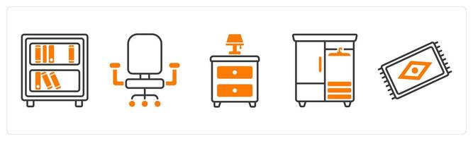 A set of 5 Furniture icons as bookshelf, work chair, side table vector