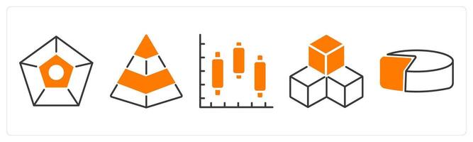 A set of 5 Diagram icons as pentagon, pyramid graph, intervals vector