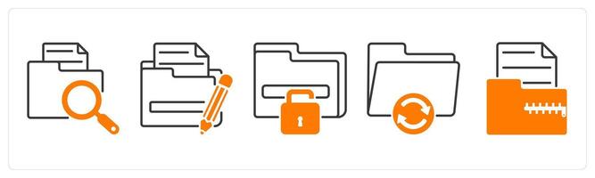 A set of 5 Files icons as search file, edit folder, unlock folder vector