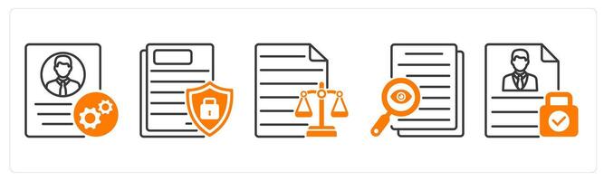 A set of 5 GDPR icons as de identification, document protection, balance sheet vector