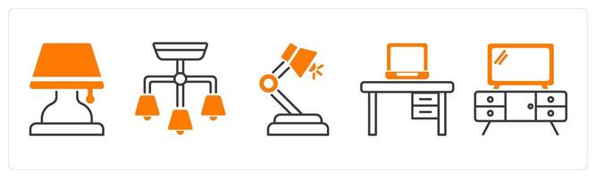 A set of 5 Furniture icons as lamp, cieling lamp, study lamp vector