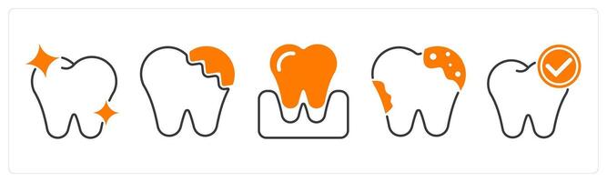A set of 5 Dental Care icons as tooth, broken tooth, tooth extraction vector