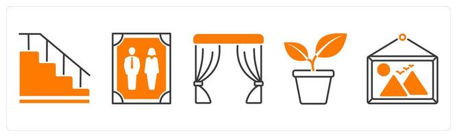 A set of 5 Furniture icons as suitcase, photo frame, curtains vector