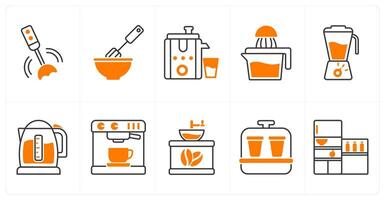 A set of 10 home appliances icons as hand blender, mixer, juicer, hand juicer vector