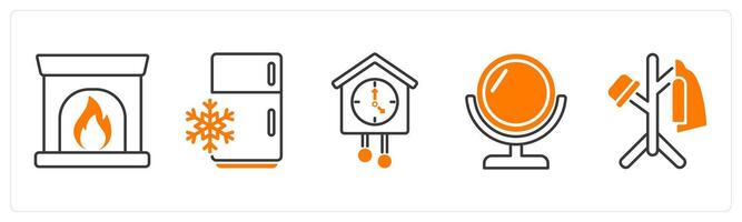 A set of 5 Furniture icons as fireplace, refrigerator, clock vector
