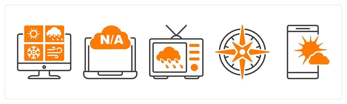 A set of 5 Weather icons as weather report, not available, weather new vector