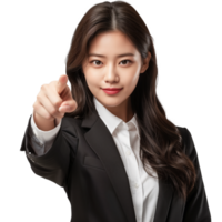 Portrait of a young asian business woman pointing at you, isolated on transparent background png