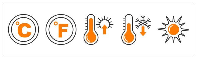 A set of 5 Weather icons as celsius, fahrenheit, high temperature vector