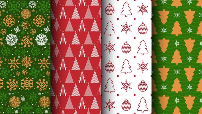 Collection of seamless Christmas patterns. Festive designs featuring traditional holiday symbols. Perfect for Merry Christmas and Happy New Year themes.