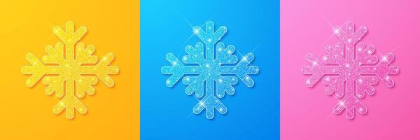 Snow stars collection. Sparkling yellow, blue and pink snow with sparkling texture, isolated on snow color matching background. vector