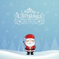 Typographical Christmas and New Year Greetings on a Shiny Xmas Background with a Winter Landscape, Snowflakes, Santa Claus, and Christmas Tree. Merry Christmas Card. vector