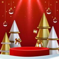 Merry Christmas banner featuring an eye-catching stage product display, crafted in an elegant cylindrical shape and adorned with a myriad of festive decorations. vector