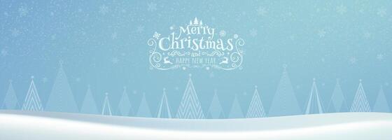 Typographical Christmas and New Year Greetings on a Shiny Xmas Background with a Winter Landscape, Snowflakes, and Christmas Tree. vector
