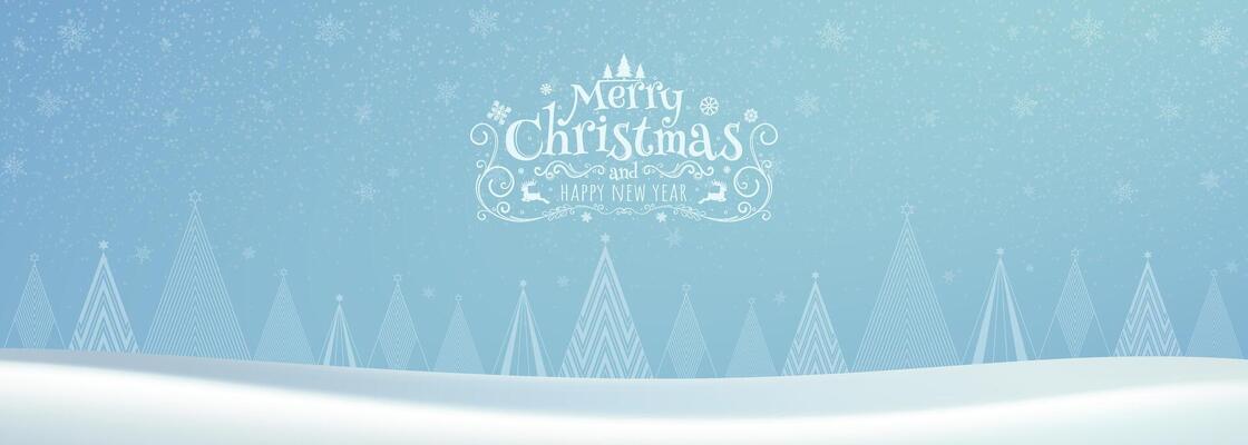 Typographical Christmas and New Year Greetings on a Shiny Xmas Background with a Winter Landscape, Snowflakes, and Christmas Tree.