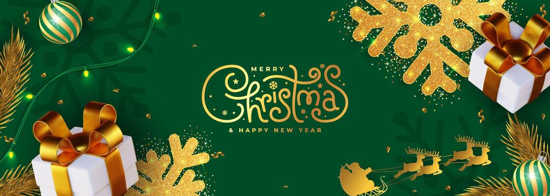 Merry Christmas holidays on green background. Festive Christmas composition top view of gift boxes, gold tree branches.
