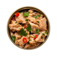 Open tin can of canned tuna with parsley and chili pepper isolated on transparent background png