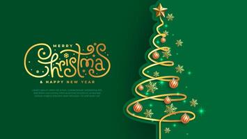 Merry Christmas and Happy New Year. A golden Christmas tree surrounded by festive ornaments, on a festive green background. vector