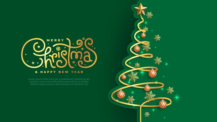 Merry Christmas and Happy New Year. A golden Christmas tree surrounded by festive ornaments, on a festive green background.