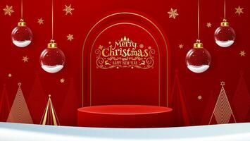 Christmas background with cylindrical podium for promotion. Round stage for presentation of products for sale. vector