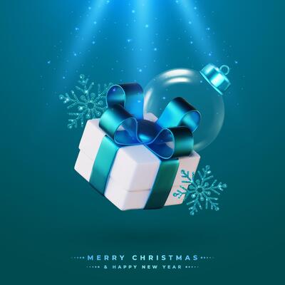 Happy New Year and Merry Christmas, white gift box with blue ribbon and shiny snow on blue background.