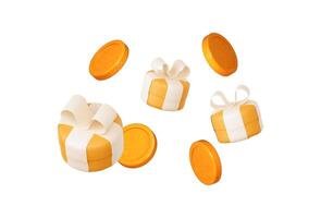 3D yellow gift box adorned with a white ribbon, surrounded by floating golden coins. vector