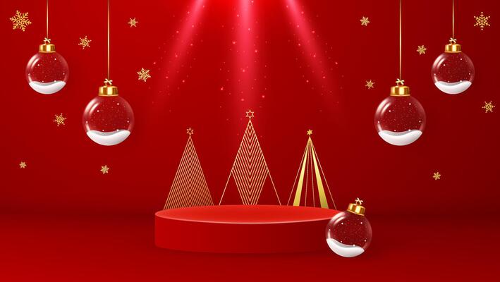 Christmas background with cylindrical podium for promotion. Round stage for presentation of products for sale. Podium or stage platform among Christmas trees, with hanging glass balls.
