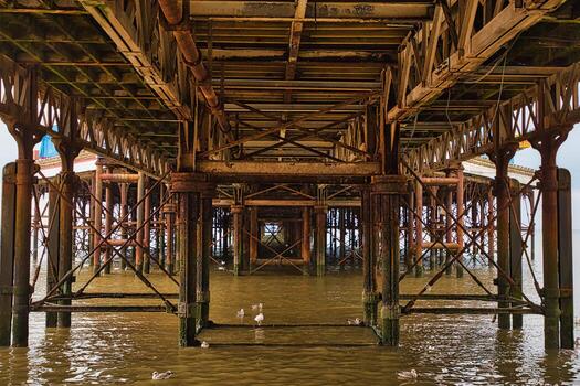Underneath a Pier with Seagulls in Blackpool, UK photo