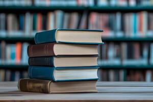 Stack of books against the background of library. . photo