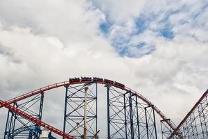Thrilling Roller Coaster Ride Against Cloudy Sky in Blackpool, UK photo