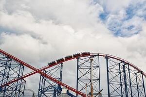 Thrilling Roller Coaster Ride Against Cloudy Sky in Blackpool, UK photo