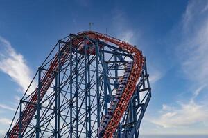 Towering Roller Coaster Against Blue Sky in Blackpool, UK photo