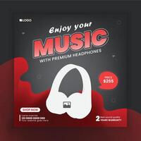 Headphone social media post ad and web banner design, red and black color musical instrument poster design template vector