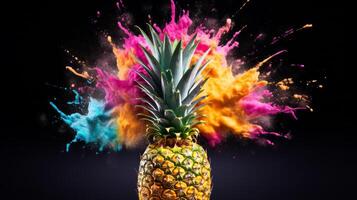 Colored powder exploding out of a pineapple on dark background. Neural network photo